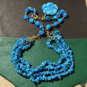 Blue Turquoise Multi Row Chip Beads Necklace + Pendant